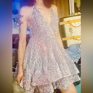 Strap low plunge backless sequin mini dress with double layer skirt. XXS